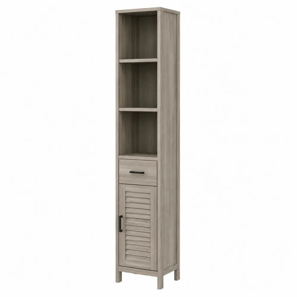Colonne de rangement 32 x 30 x 160 cm en panneau mélaminé décor chêne grisé avec 3 niches 1 tiroir et 1 porte
