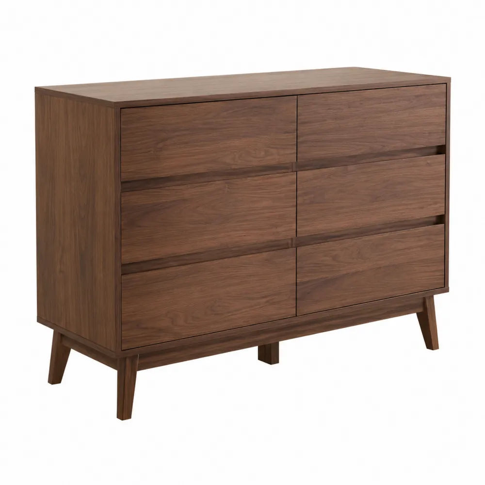 Commode de rangement 120 x 40 x 80 cm en MDF placage noyer brun avec 6 tiroirs et structure bois massif