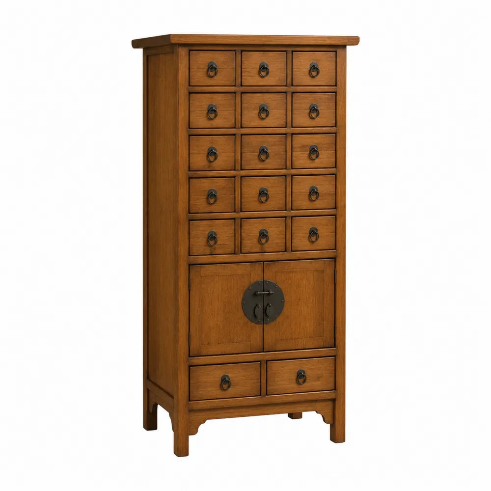 Meuble de rangement haut 70 x 35 x 145 cm en bois massif brun miel avec multiples tiroirs et portes à anneau métal noir