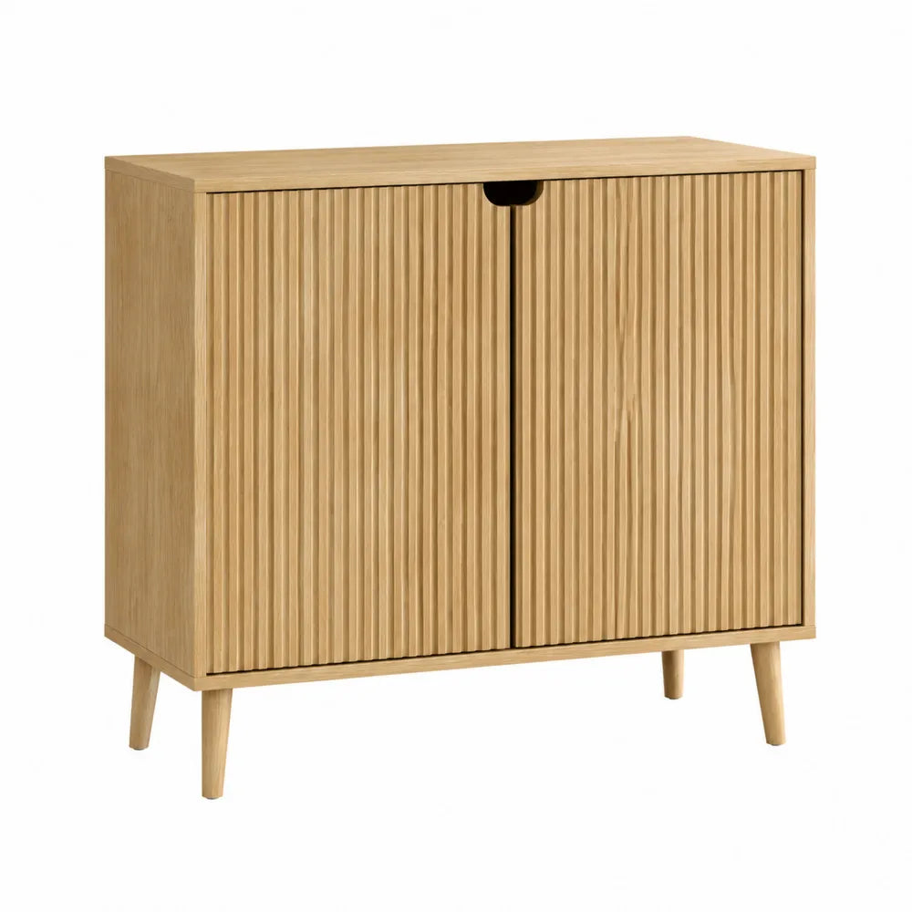 Meuble de rangement 2 portes 80 x 40 x 75 cm en panneau mélaminé effet chêne clair avec pieds en bois