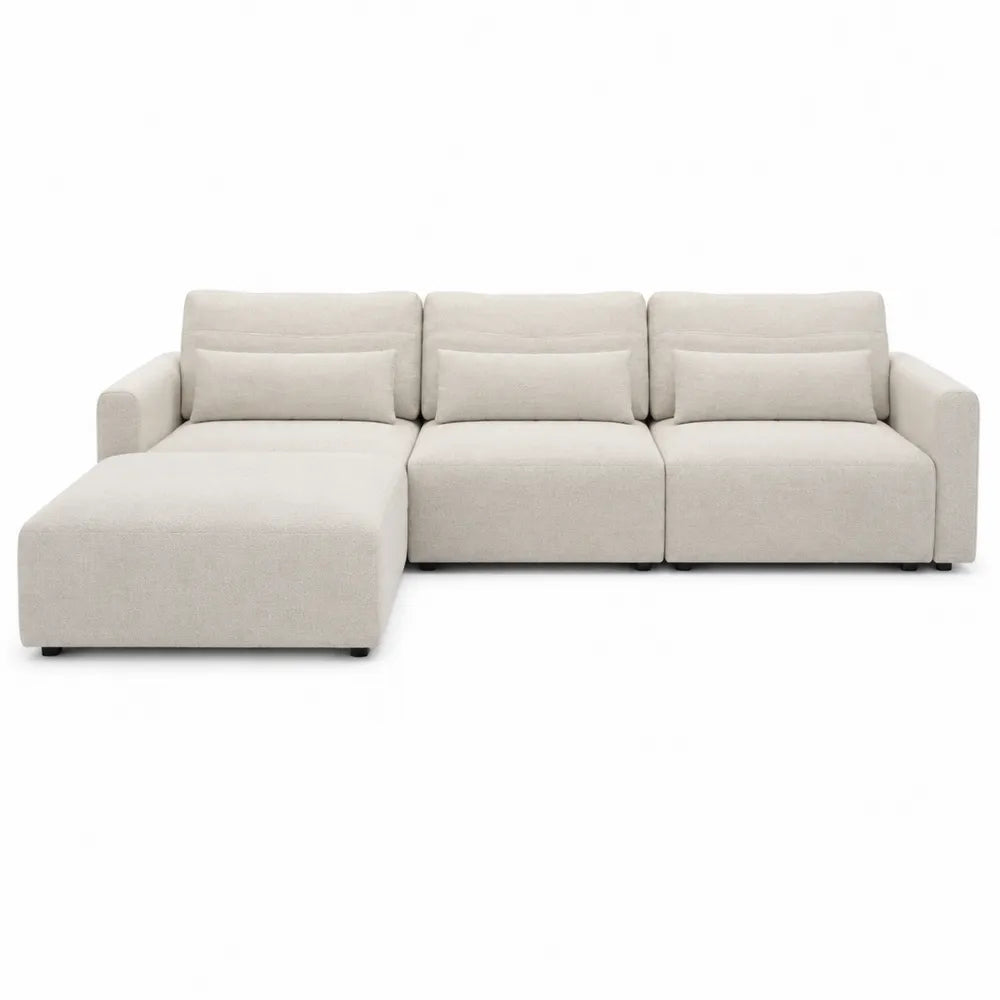Canapé d’angle modulable 3 places avec méridienne gauche en tissu polyester beige