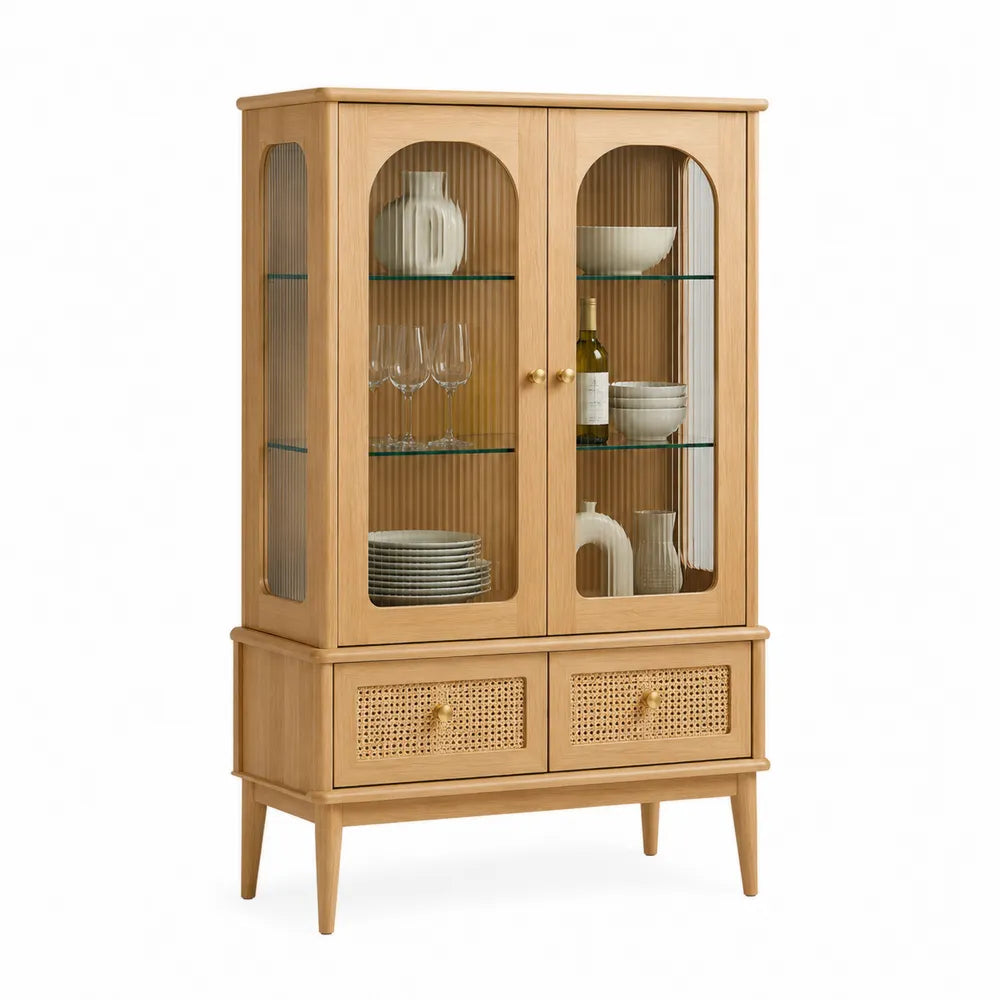 Vitrine de rangement 90 cm x 40 cm x 150 cm en MDF placage chêne clair portes vitrées cannage 2 tiroirs