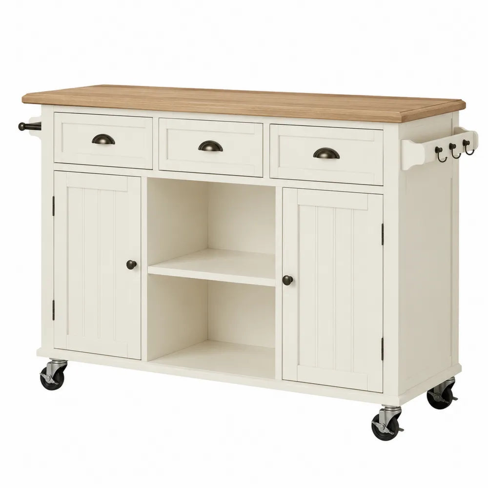 Chariot de cuisine multifonction à roulettes 120 x 46 x 90 cm MDF blanc cassé et plateau bois naturel avec 3 tiroirs et portes