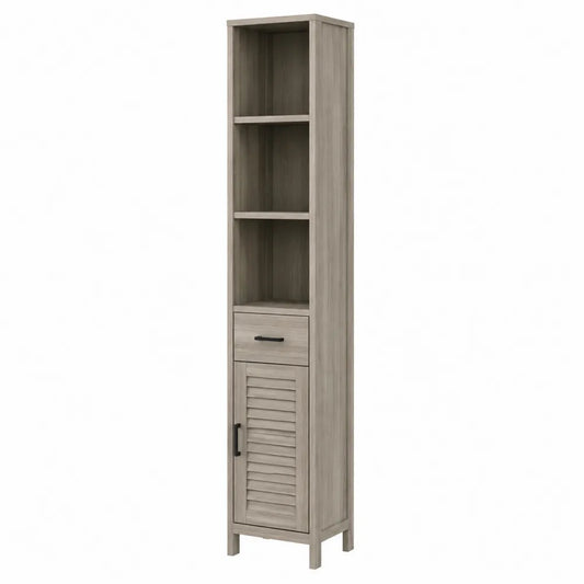 Colonne de rangement 32 x 30 x 160 cm en panneau mélaminé décor chêne grisé avec 3 niches 1 tiroir et 1 porte