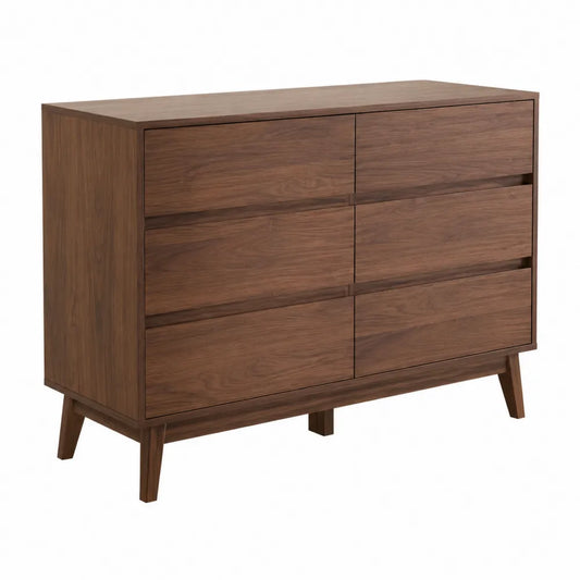 Commode de rangement 120 x 40 x 80 cm en MDF placage noyer brun avec 6 tiroirs et structure bois massif