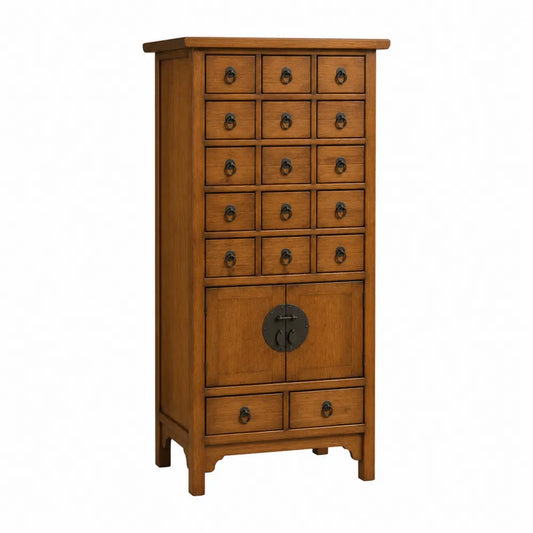 Meuble de rangement haut 70 x 35 x 145 cm en bois massif brun miel avec multiples tiroirs et portes à anneau métal noir
