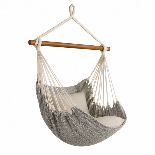 Fauteuil hamac suspendu en tissu gris et écru avec barre en bois et cordes de suspension 100 x 80 x 150 cm