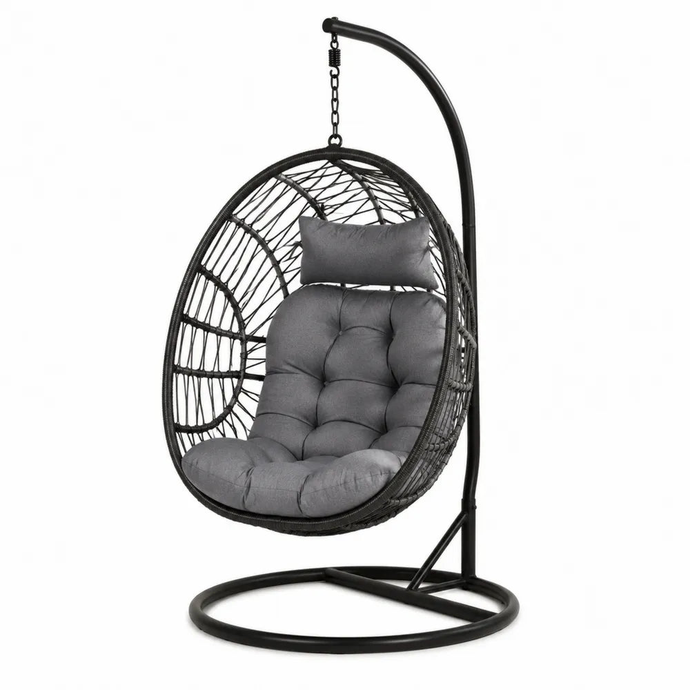 Fauteuil suspendu œuf avec support en acier noir résine tressée PE coussins gris 105 x 105 x 195 cm