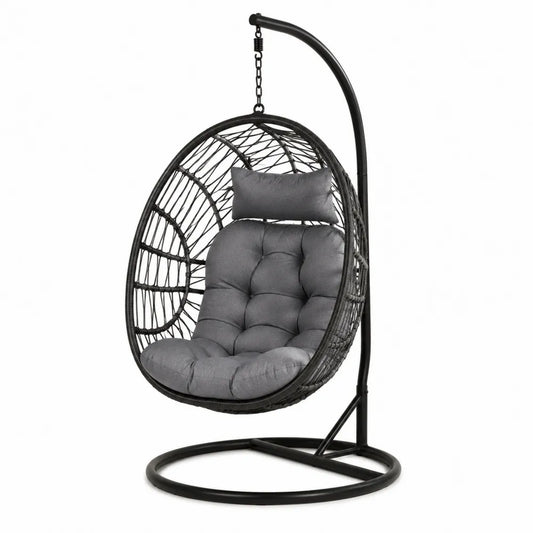 Fauteuil suspendu œuf avec support en acier noir résine tressée PE coussins gris 105 x 105 x 195 cm