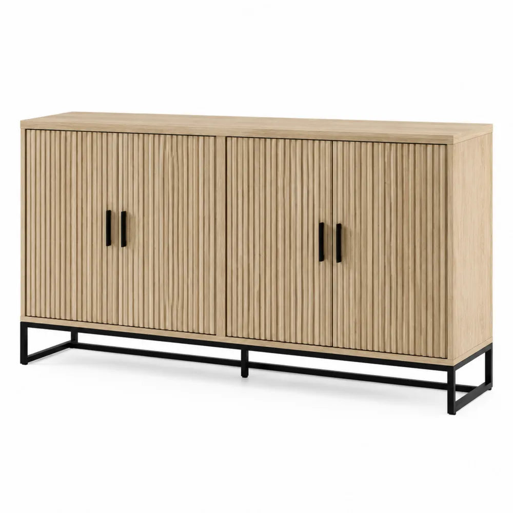 Buffet 4 portes 160 x 40 x 80 cm en MDF placage chêne clair et acier noir façades rainurées