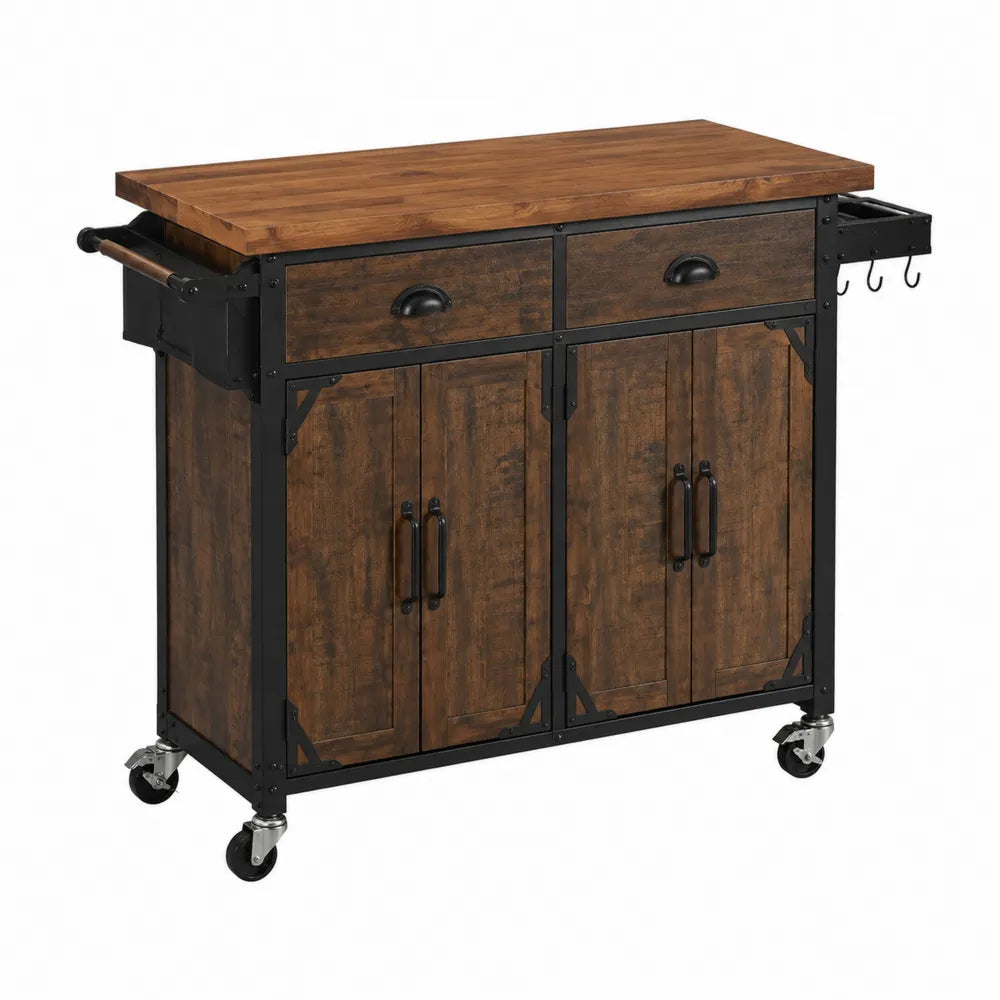 Chariot de cuisine multifonction avec tiroirs portes plateau bois et structure acier noir 125 x 50 x 90 cm brun noir