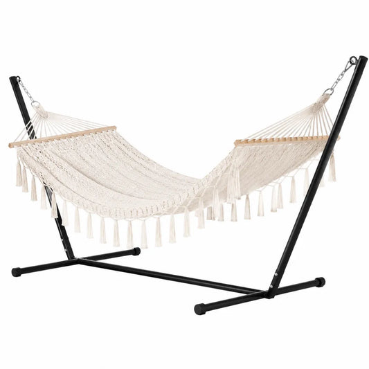 Hamac sur pied 300 x 100 x 110 cm cordage coton polyester écru structure acier noir barres bois hêtre