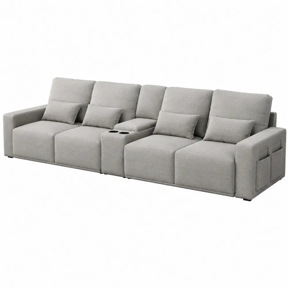 Canapé modulaire 4 places 320 x 95 x 88 cm revêtement polyester gris clair console centrale porte-gobelets accoudoirs structure bois
