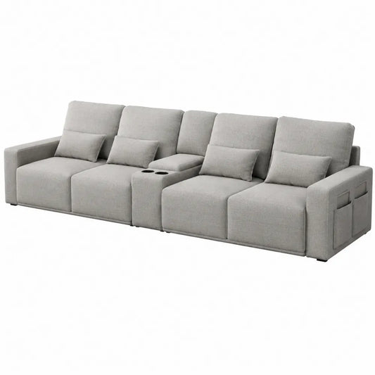 Canapé modulaire 4 places 320 x 95 x 88 cm revêtement polyester gris clair console centrale porte-gobelets accoudoirs structure bois