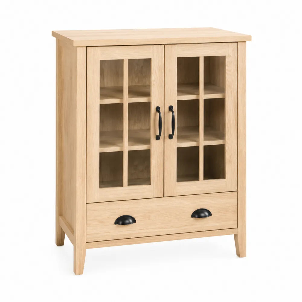 Buffet vitré 100 x 40 x 80 cm en MDF décor chêne clair avec 2 portes vitrées et 1 tiroir