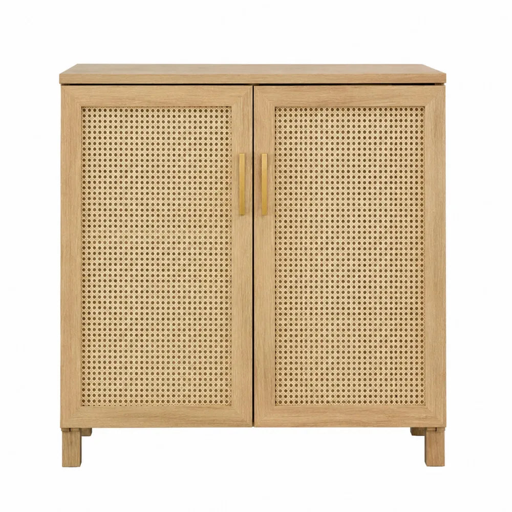 Meuble de rangement cannage chêne clair 100 x 40 x 90 cm MDF placage chêne 2 portes battantes rotin naturel structure bois et métal laiton