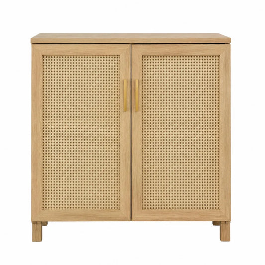 Meuble de rangement cannage chêne clair 100 x 40 x 90 cm MDF placage chêne 2 portes battantes rotin naturel structure bois et métal laiton