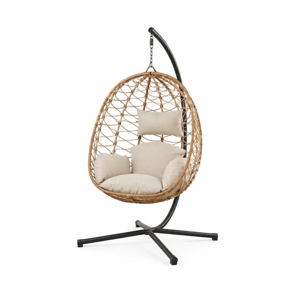 Fauteuil suspendu œuf avec support 105 cm x 105 cm x 195 cm en rotin PE naturel structure acier noir coussins écru