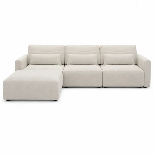 Canapé d’angle modulable 3 places avec méridienne gauche en tissu polyester beige