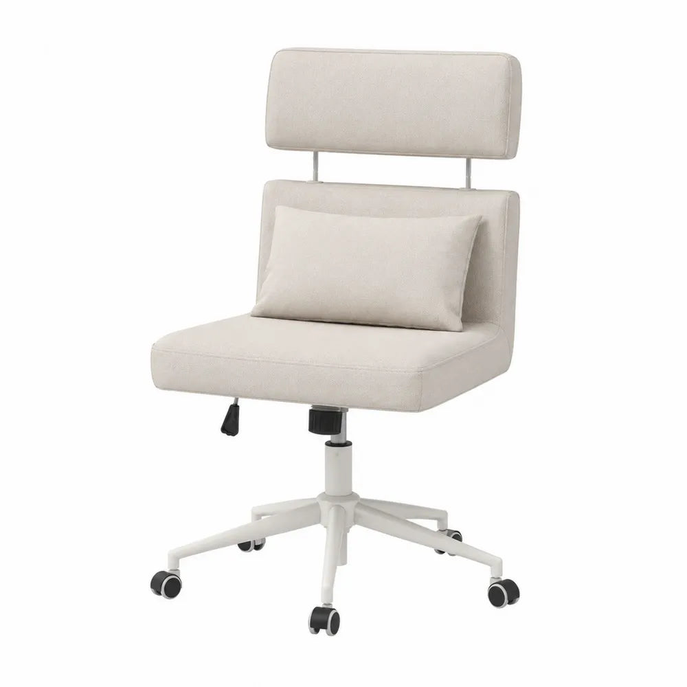 Chaise de bureau pivotante 55 x 60 x 112-122 cm chaise ergonomique tissu beige avec appui-tête et coussin lombaire base blanche