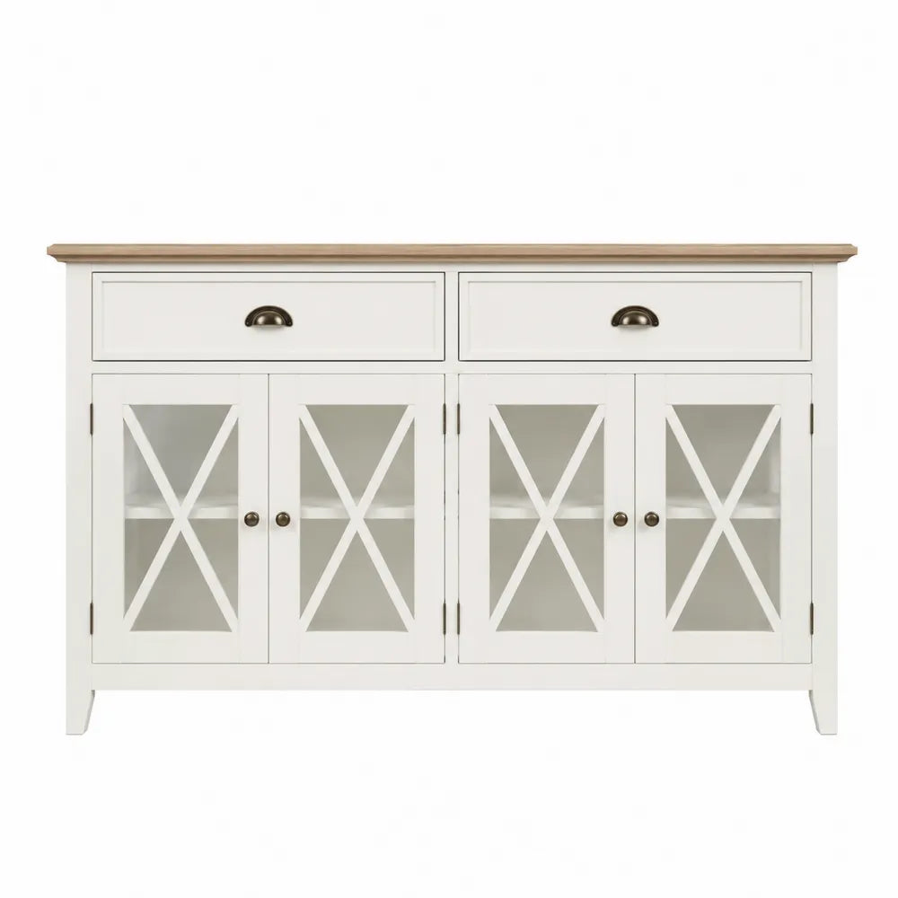 Buffet de salle à manger 160 cm x 40 cm x 85 cm en MDF blanc cassé et chêne clair portes vitrées à croisillons 2 tiroirs