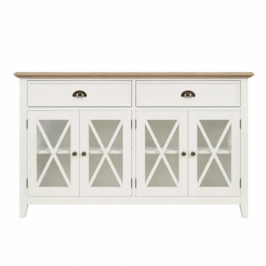 Buffet de salle à manger 160 cm x 40 cm x 85 cm en MDF blanc cassé et chêne clair portes vitrées à croisillons 2 tiroirs