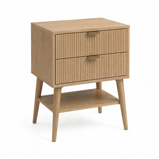 Meuble de rangement 2 tiroirs 60 x 40 x 70 cm en MDF décor chêne clair avec étagère ouverte et poignées métal