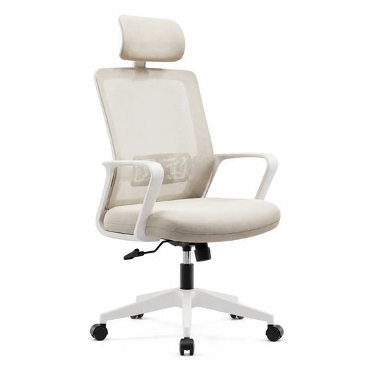 Chaise de bureau pivotante 55 x 60 x 112-122 cm en maille beige avec structure blanche, appui-tête et base à roulettes