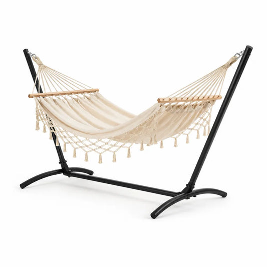 Hamac sur pied en acier noir toile en coton polyester écru barres en bois massif 300 x 100 x 110 cm