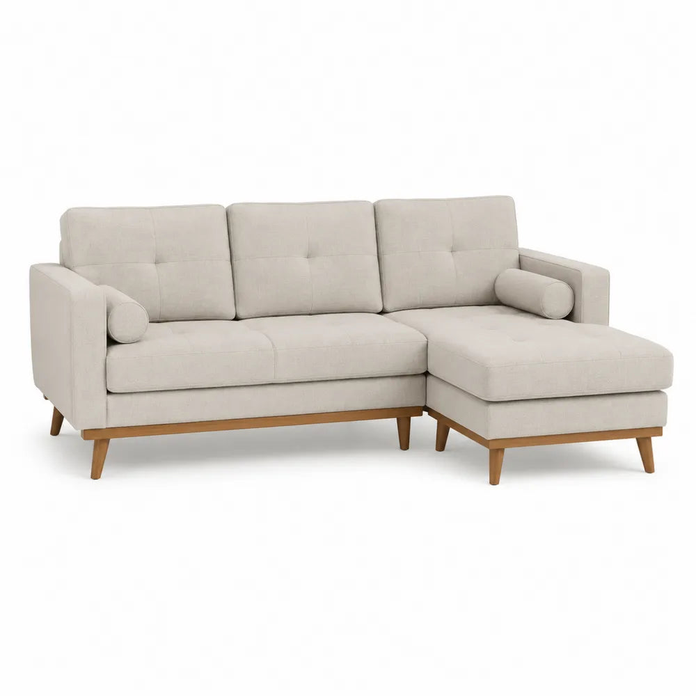 Canapé d’angle modulable 3 places L 220 x P 150 x H 85 cm tissu polyester beige avec méridienne droite pieds bois