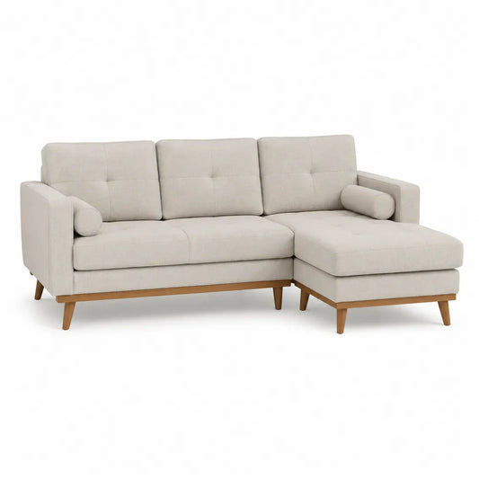 Canapé d’angle modulable 3 places L 220 x P 150 x H 85 cm tissu polyester beige avec méridienne droite pieds bois