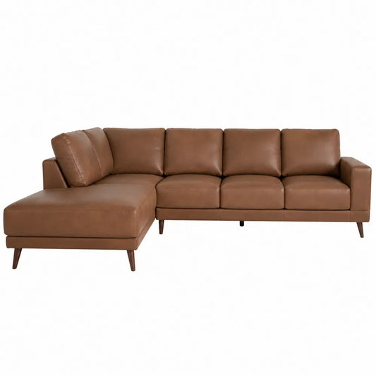 Canapé modulable d’angle 4 à 5 places avec méridienne gauche en PU marron cognac