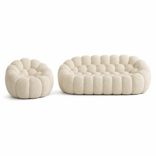 Canapé modulable 2 pièces en polyester bouclé écru forme organique sans structure apparente